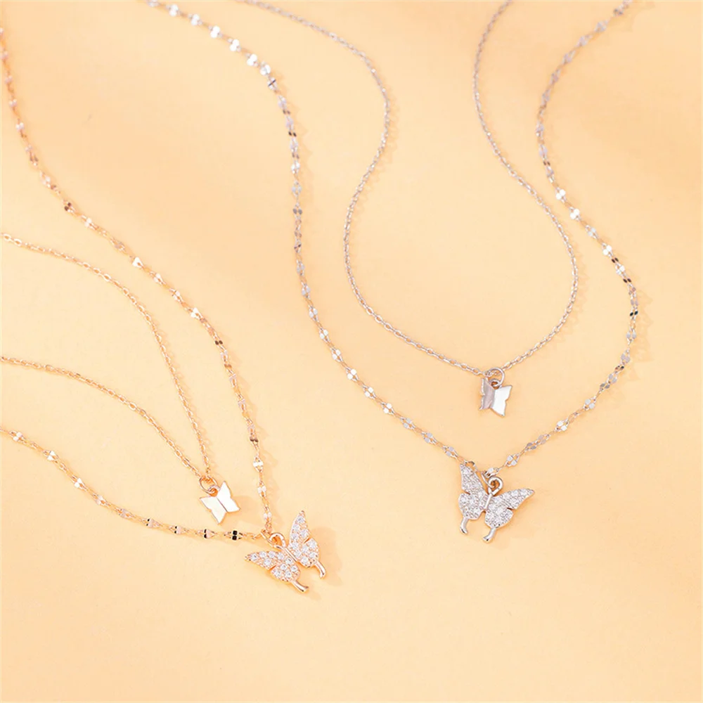 

Korean S925 Sterling Silver Necklace, Butterfly Double-Layered, Niche Design Light Luxury High-End Women's Collarbone Chain