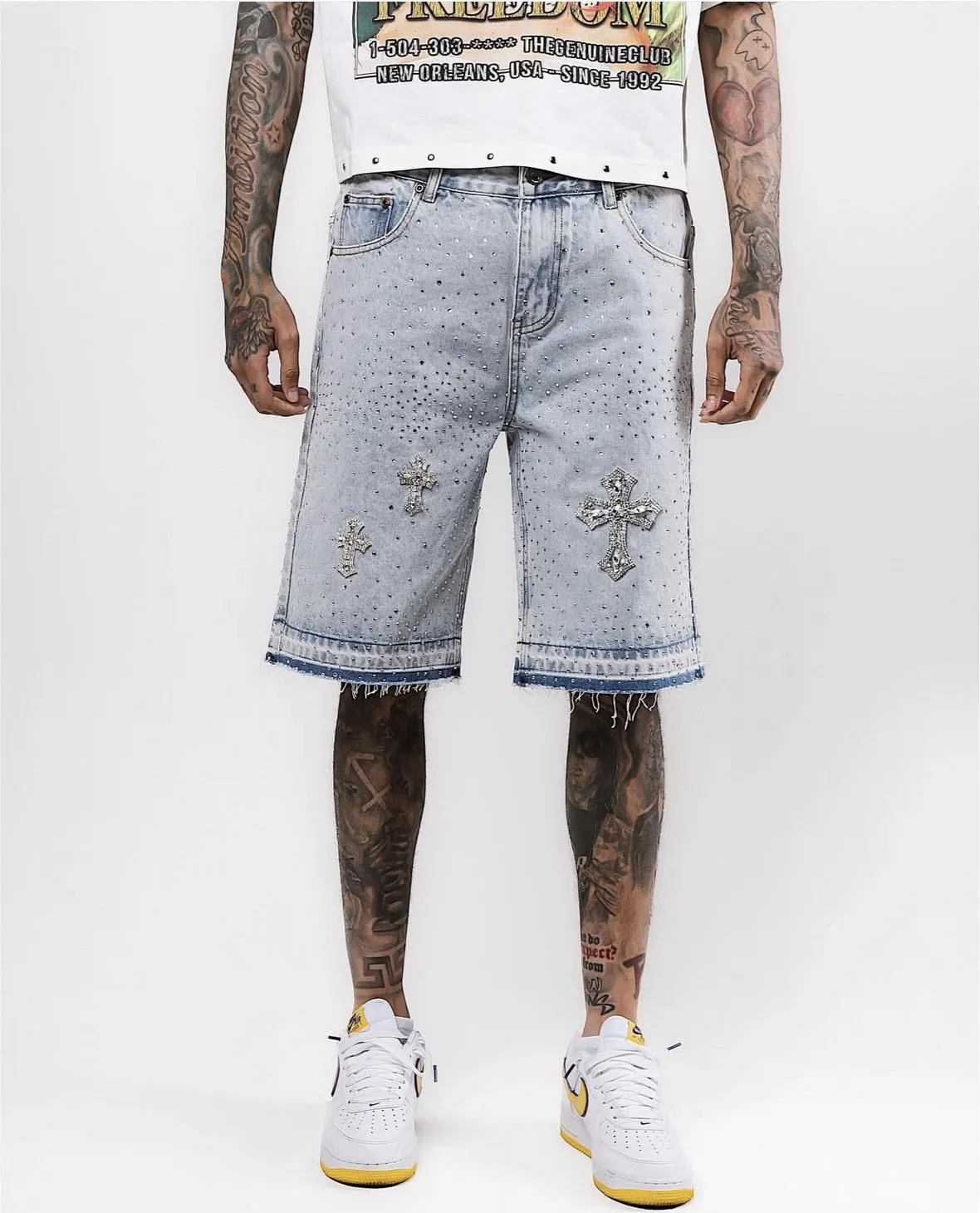 Deeptown Y2k Gothic Cross Diamond Embroidery Women Man Short Jeans Letter Print American Retro Rhinestone Jorts Harajuku Hip Hop