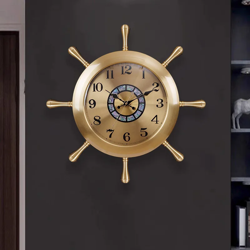 European brass light luxury wall clock living room modern creative personalized clock villa wall watch rudder decorative