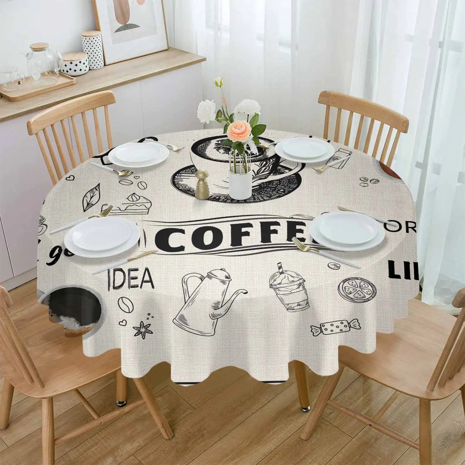 

Coffee Coffee Beans Cup Round Table Cloth Festival Dining Tablecloth Waterproof Table Cover for Wedding Party Decor