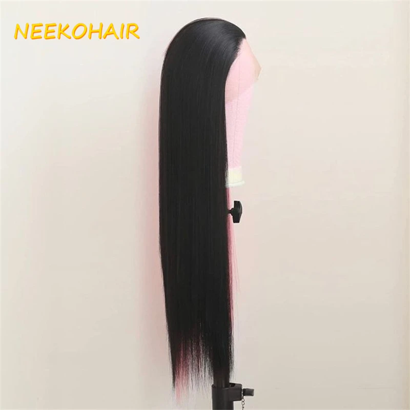 13x6 Lace Frontal Wig Half Black Half Pink Split Two Tone Cosplay Wig Long Straight Bicolor Wigs Human Hair Wig For Women