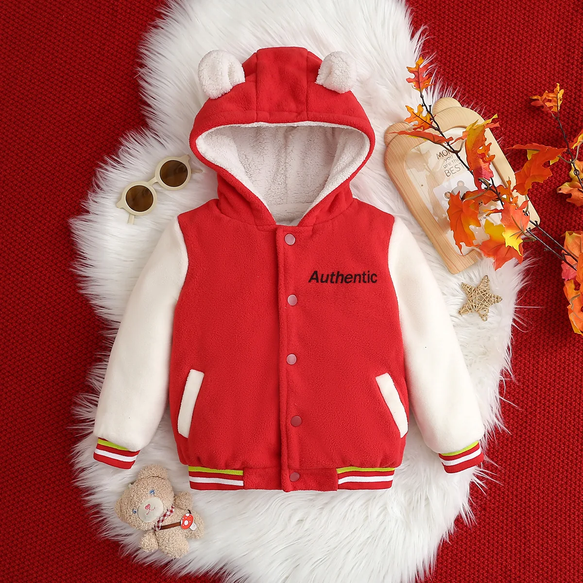 Girls' Casual Red Hooded Jacket with Letter Embroidery for Autumn Winter Season Comfortable Outerwear for Kids