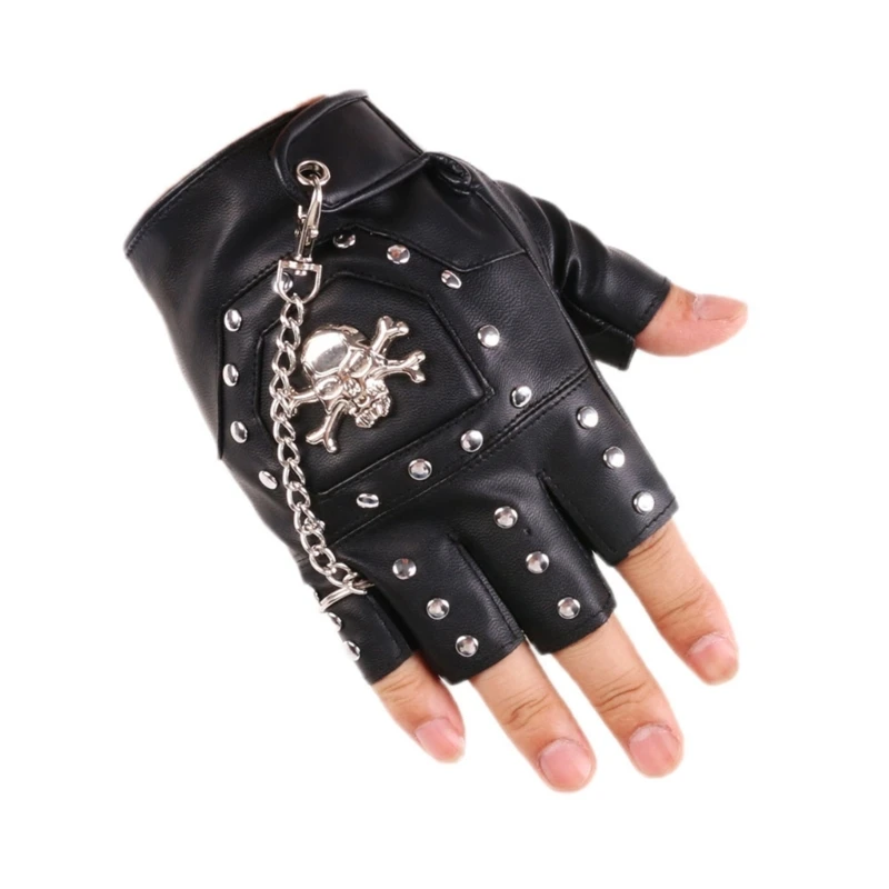 Half Finger Punk Rivets PU Leather Gloves Black Biker Gloves with Metal Chain for Motorcycles Fingerless Dancing new item