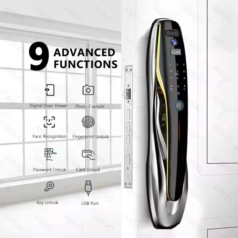 July008 AISUO Tuya Wifi Videocitofono Palmar Vein Smart Door Lock Camera Key Card Porte in legno di alluminio Riconoscimento facciale Smart Lo