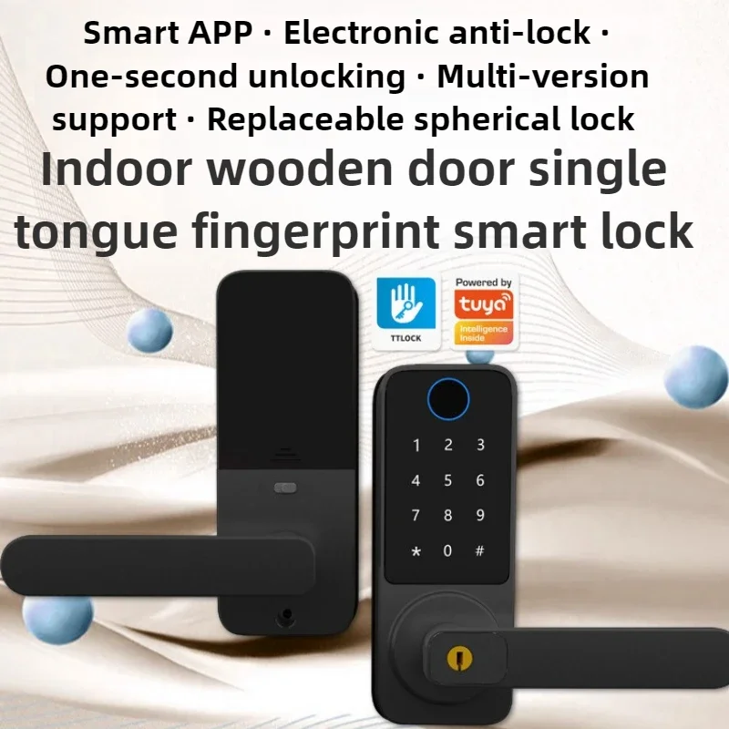 Single Tongue Fingerprint Lock Password Smart Lock with Anti-lock All-through Tuya APP Lock Tongue 60-70mm Home Apartment