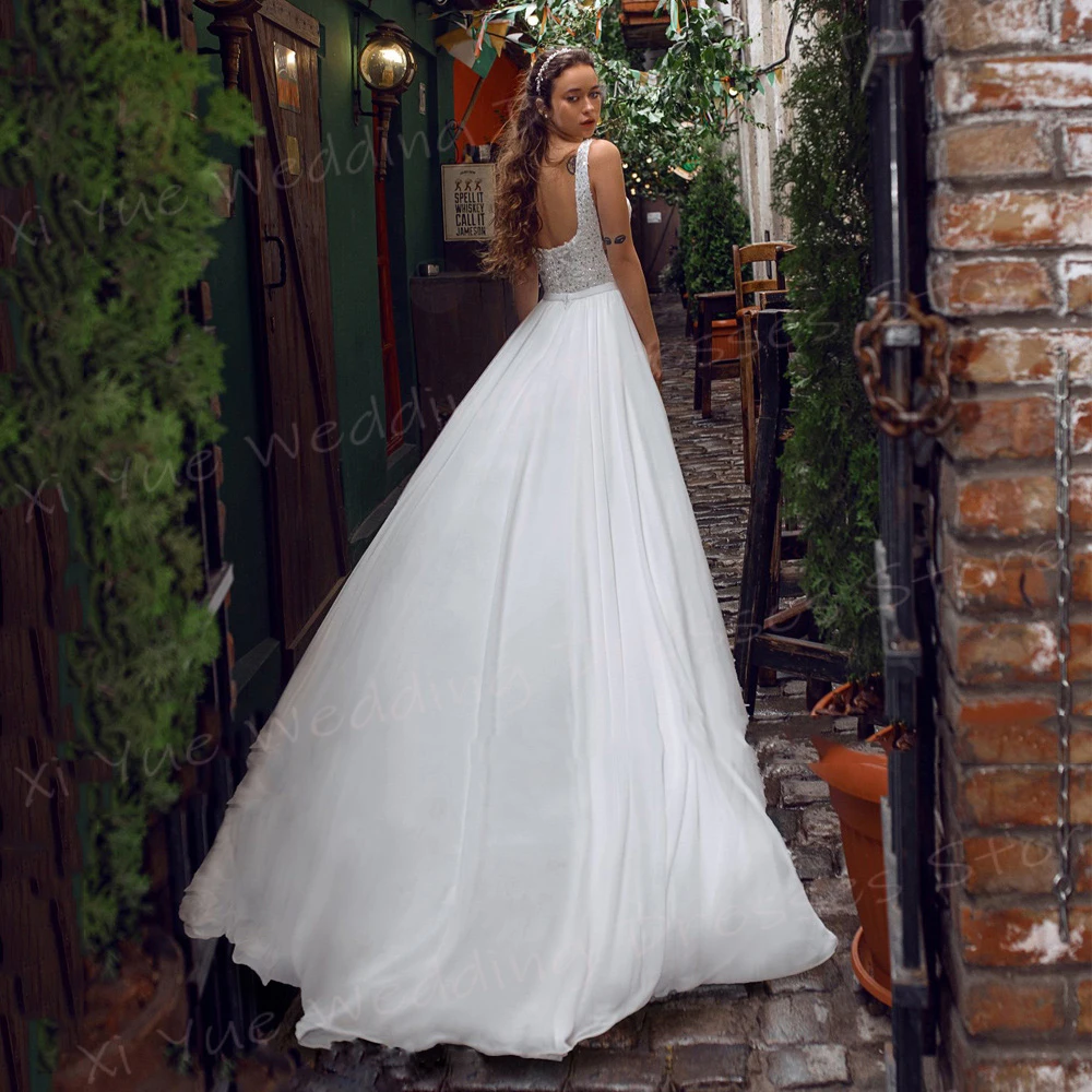 Moderno colletto quadrato una linea abiti da sposa da donna semplici abiti da sposa in Chiffon Sexy senza maniche laterale alta divisa Vestido De Noivas