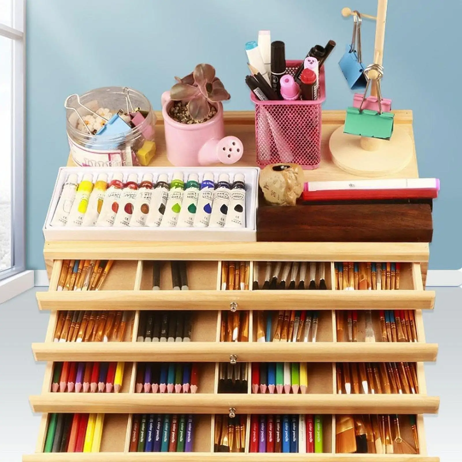 Wooden Art Supply Storage Box with Multi-Layer Drawers Container Case for Sketching for Markers Painting Stamps Organize Boxes