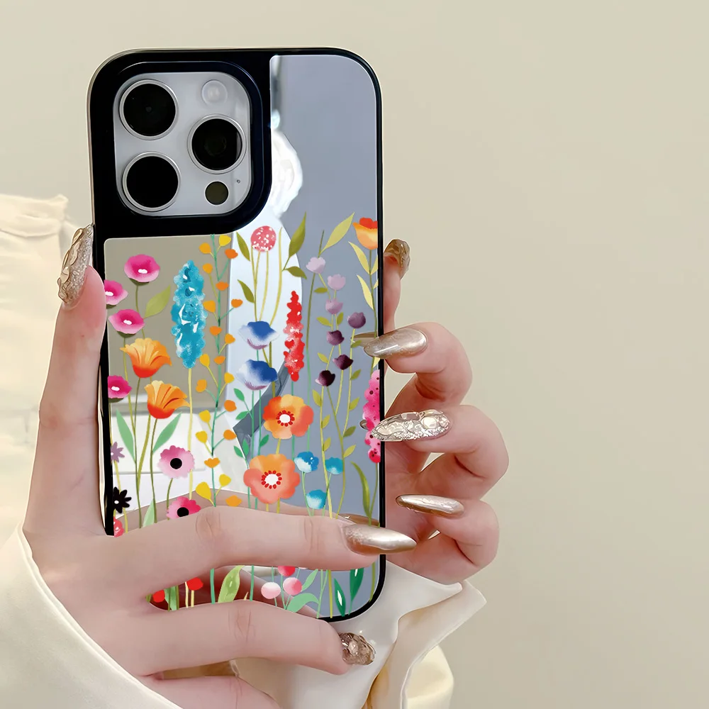Funda de Teléfono con Espejo Floral para iPhone 17, Fundas para iPhone 17 Pro Max, 16, 15, 11, 13, 12, 14 Pro, Carcasa Rígida con Espejo de Maquillaje y Diseño Floral