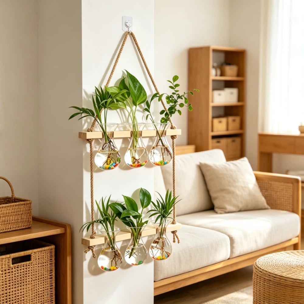 Hanging Wall Glass Test Tube Vase Wooden Rope Hydroponic Planter Propagation Station Home Cafe Office Wall Decor