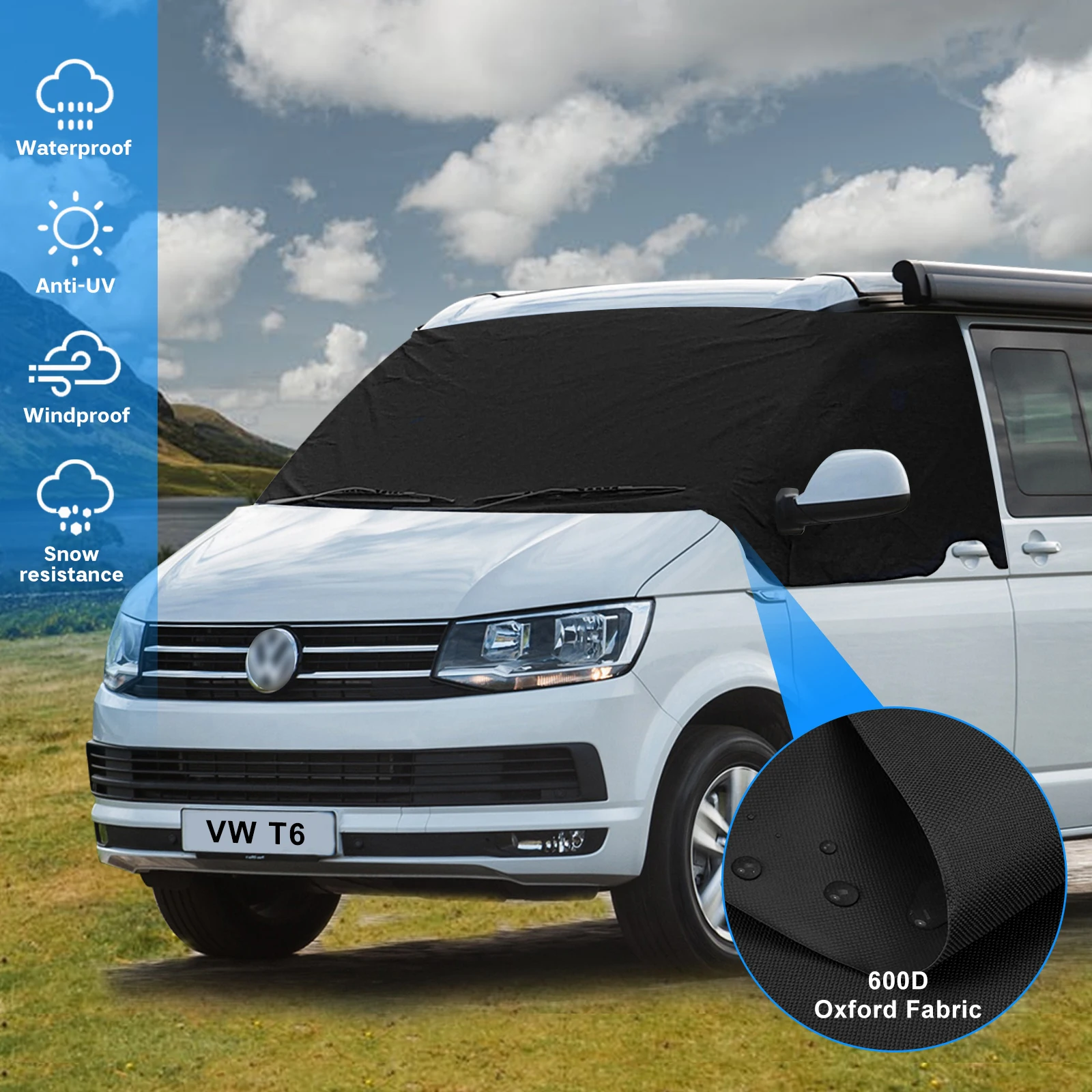 For VW T5 T6 Deluxe Windscreen Sunshade 600D Oxford Fabric Window Screen Cover Curtain Wrap Blind Camping Frost Car Accessories