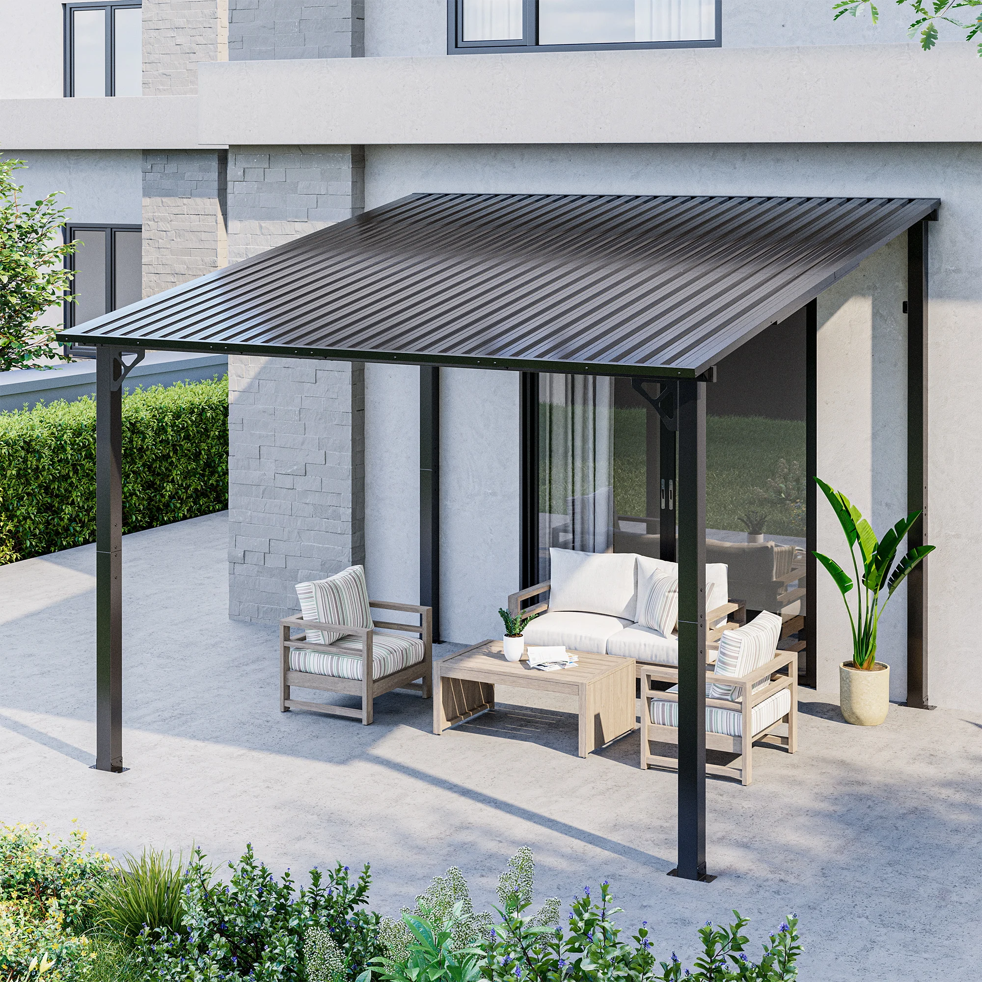 10x10FT Lean to Gazebo with Galvanized Steel Roof, Wall-Mounted Outdoor Pergola for Patio, Backyard