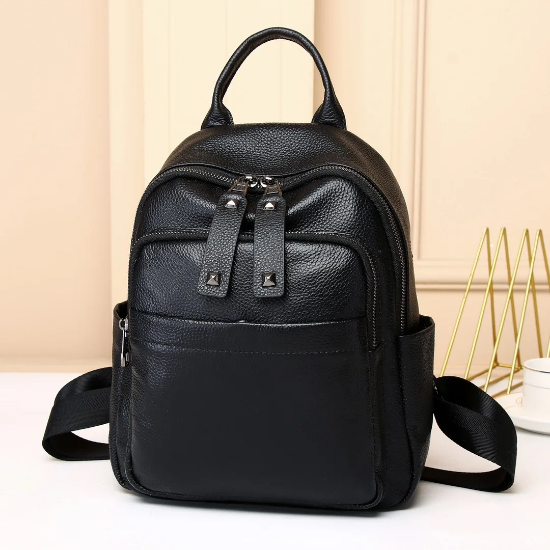 Rivets Decorated Genuine Leather Backpack Casual Black Cow Leather Bagpack Anti-theft Ladies Travel Shoulder Bag