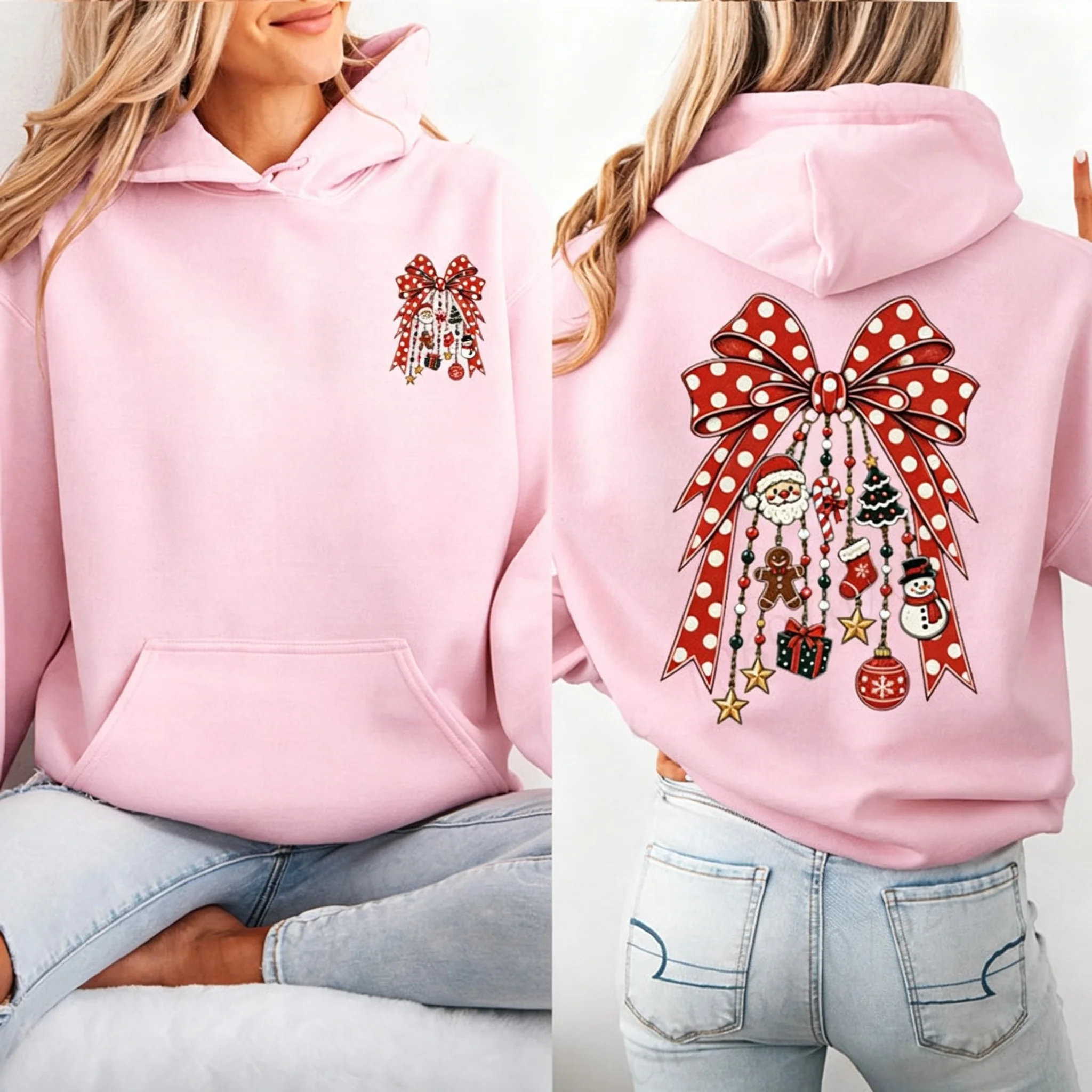 Women Hoodies Funny Christmas Charms Bow Polka Dots Print Hoodie Casual Sweatshirts Fashion Trendy Streetwear Xmas Holiday Gifts