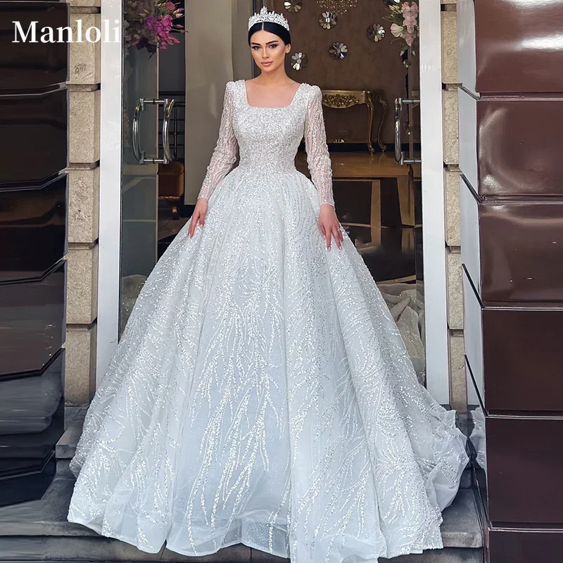 

Elegant Square Collar Princess Bridal Ball Dress A-line Embroidered Long Sleeve Sparkling Wedding Dress Customization