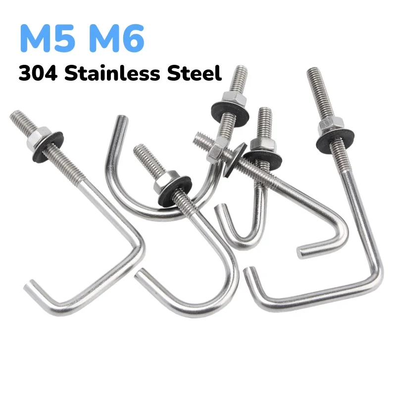 Straight/Round/Square Hook M5 M6 304 Stainless Steel L Tilting Hook Bolts Set Screws with Heax Nuts and Washers