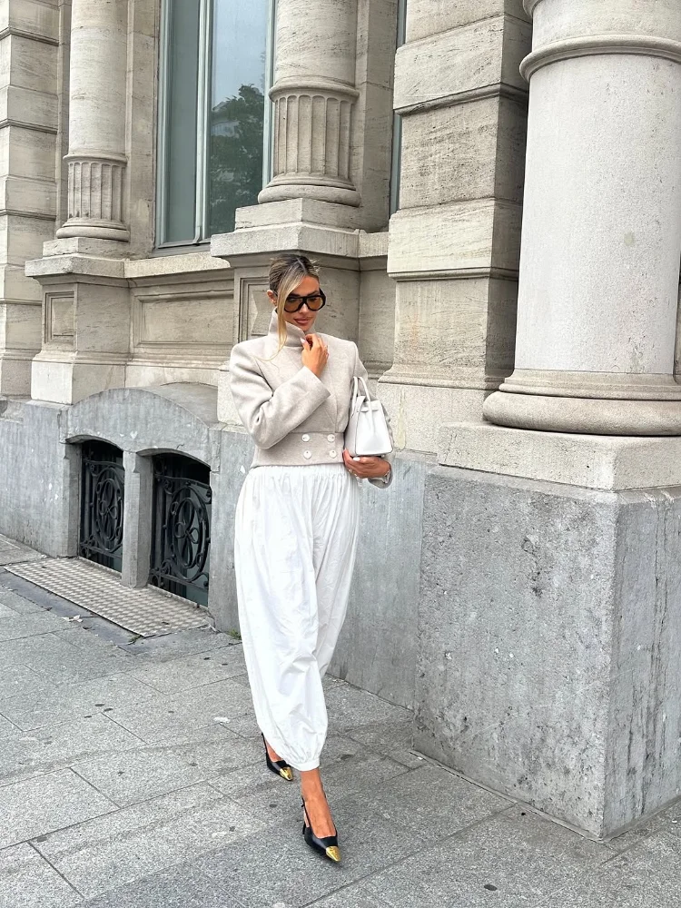 

Элегантное однотонное короткое шерстяное пальто с лацканами, женское повседневное двубортное пальто с воротником-стойкой и длинными рукавами, женская верхняя одежда для поездок на работу