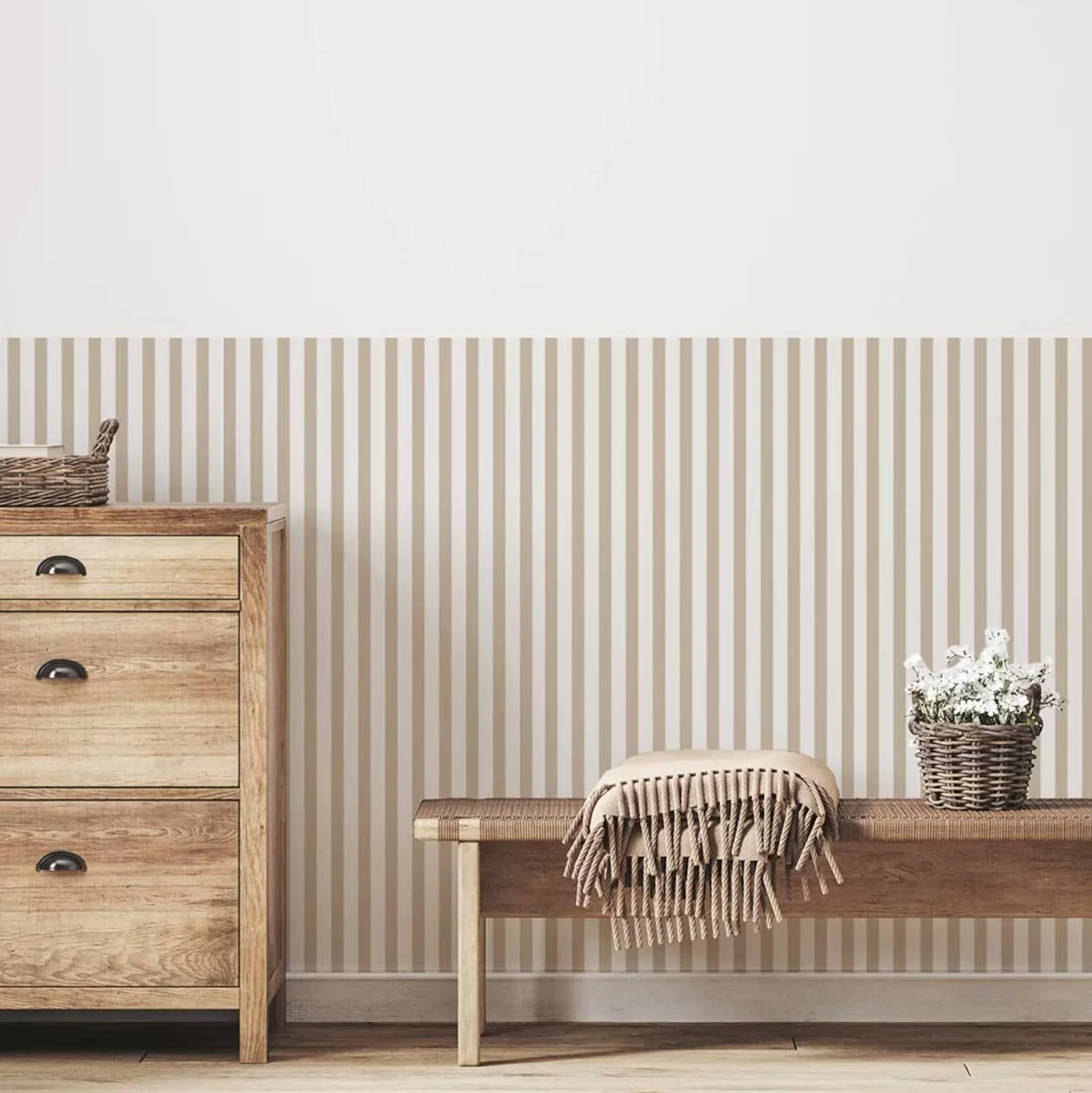 Wallpaper Stripes Lines Brown Moca, Peel and Stick Wallpapaer, Lines Wall Paper Wainscoting Style For Children's Home Decoration
