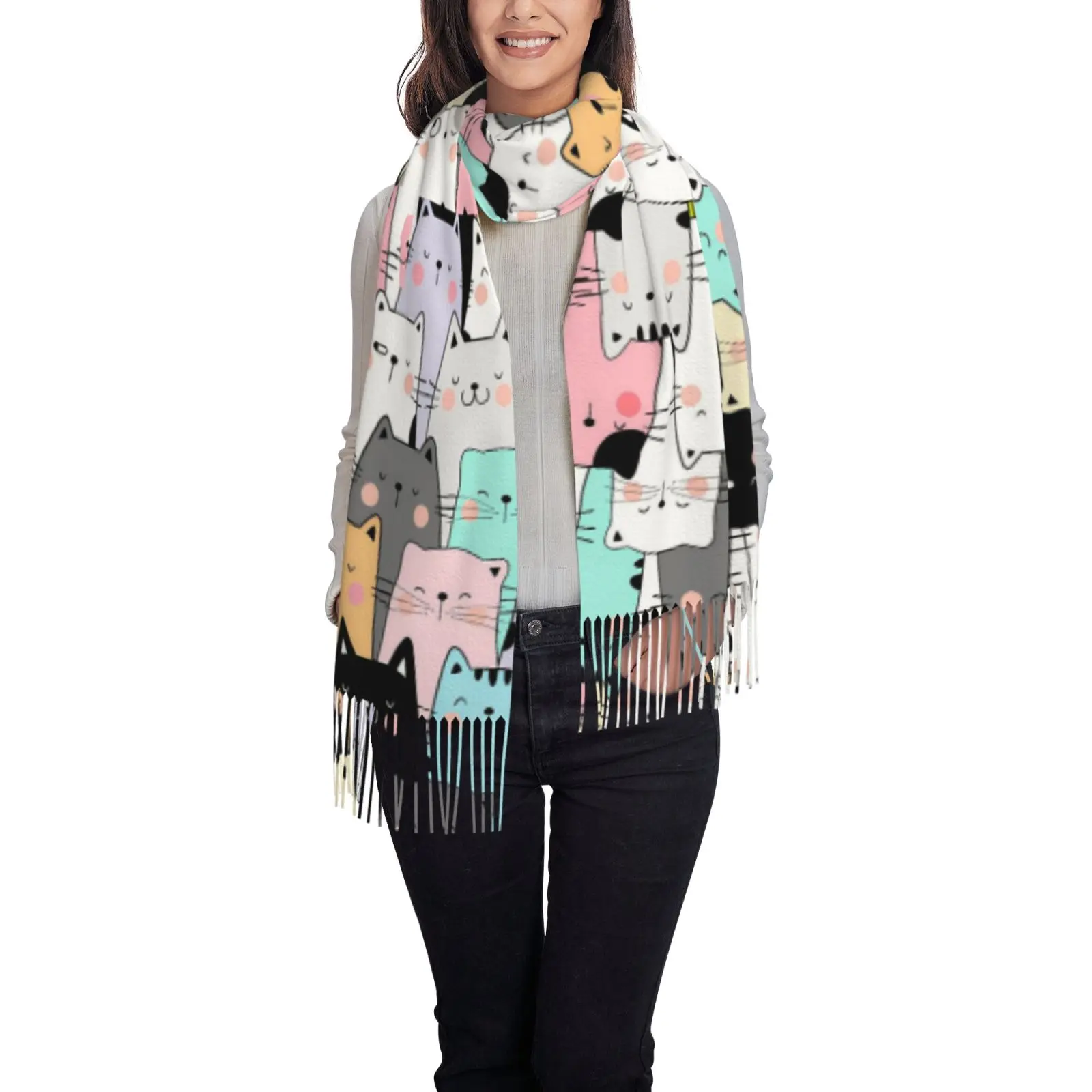 Kawaii Cartoon Cat Faces Pattern Tassel Shawl for Women, Oversized Wrap Scarf, Cute Pet Animal Fashion Accessory