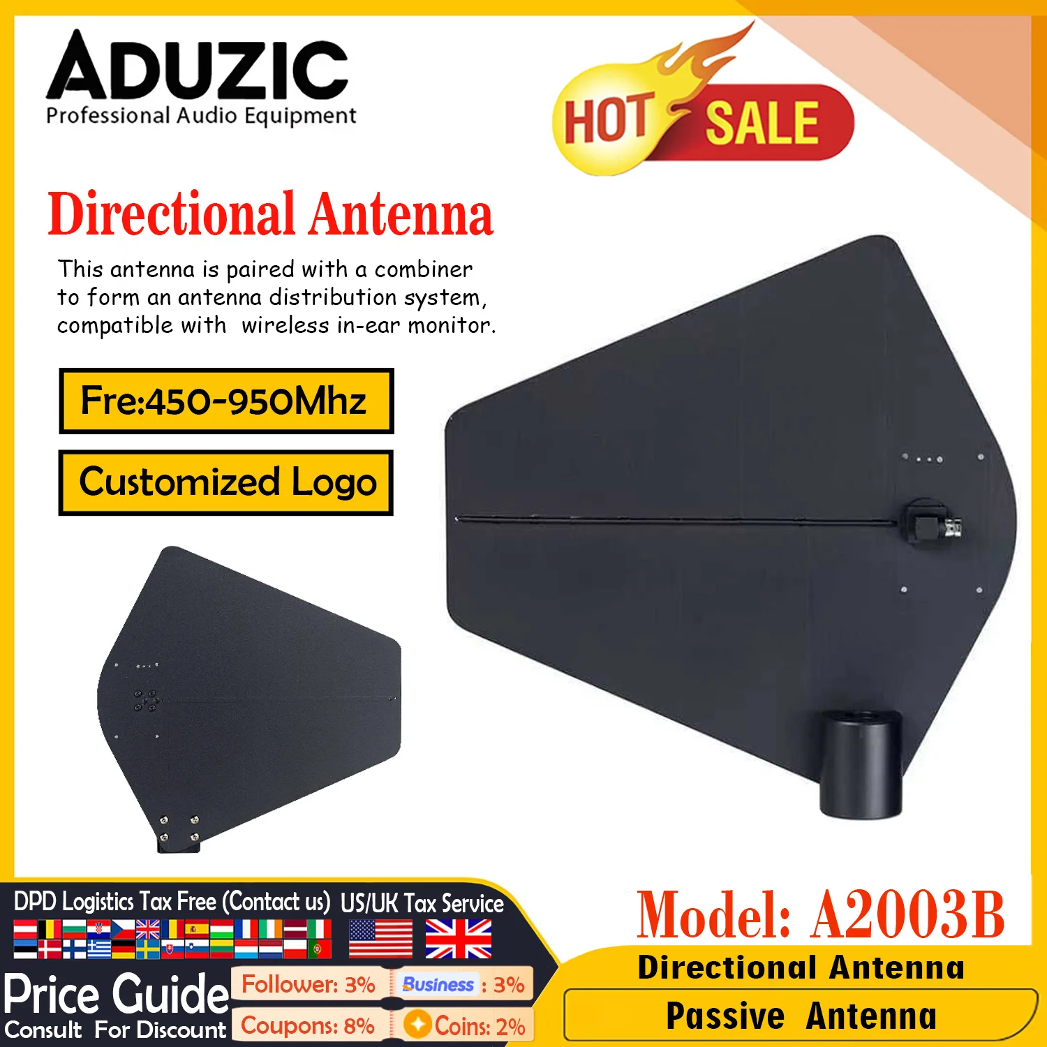 

Aduzic Directional Antenna A2003B Of IEM Passive Antena Distribution System 450-950Mhz For Wireless In Ear Monitor