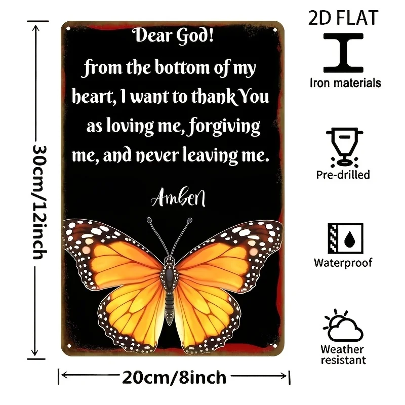 Religious Prayer Metal Sign, Butterfly Thank You God Decor, Inspirational Wall Art, Vintage Home Bar Cafe Wall Decor, Farmhouse