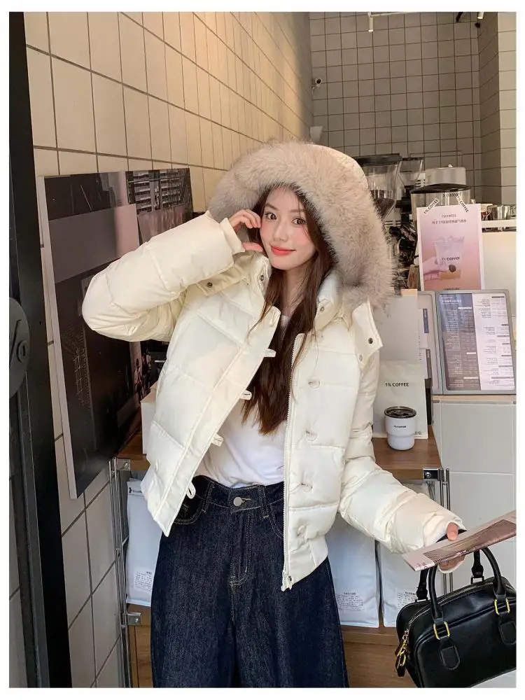 

New Women Blue Single Breasted Versatile Thicken Hood Short Down Cotton Coat White Elegant Long Sleeve Jacket 2025 Autumn Winter