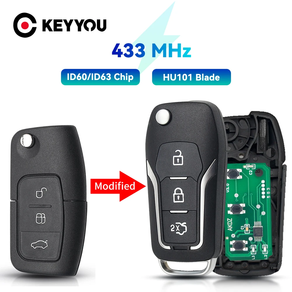 KEYYOU With Battery 433MHz 4D63 4D60 Chip Modified Flip Folding Remote Control Key For Ford Focus 2 3 Mondeo Fiesta HU101 Blade