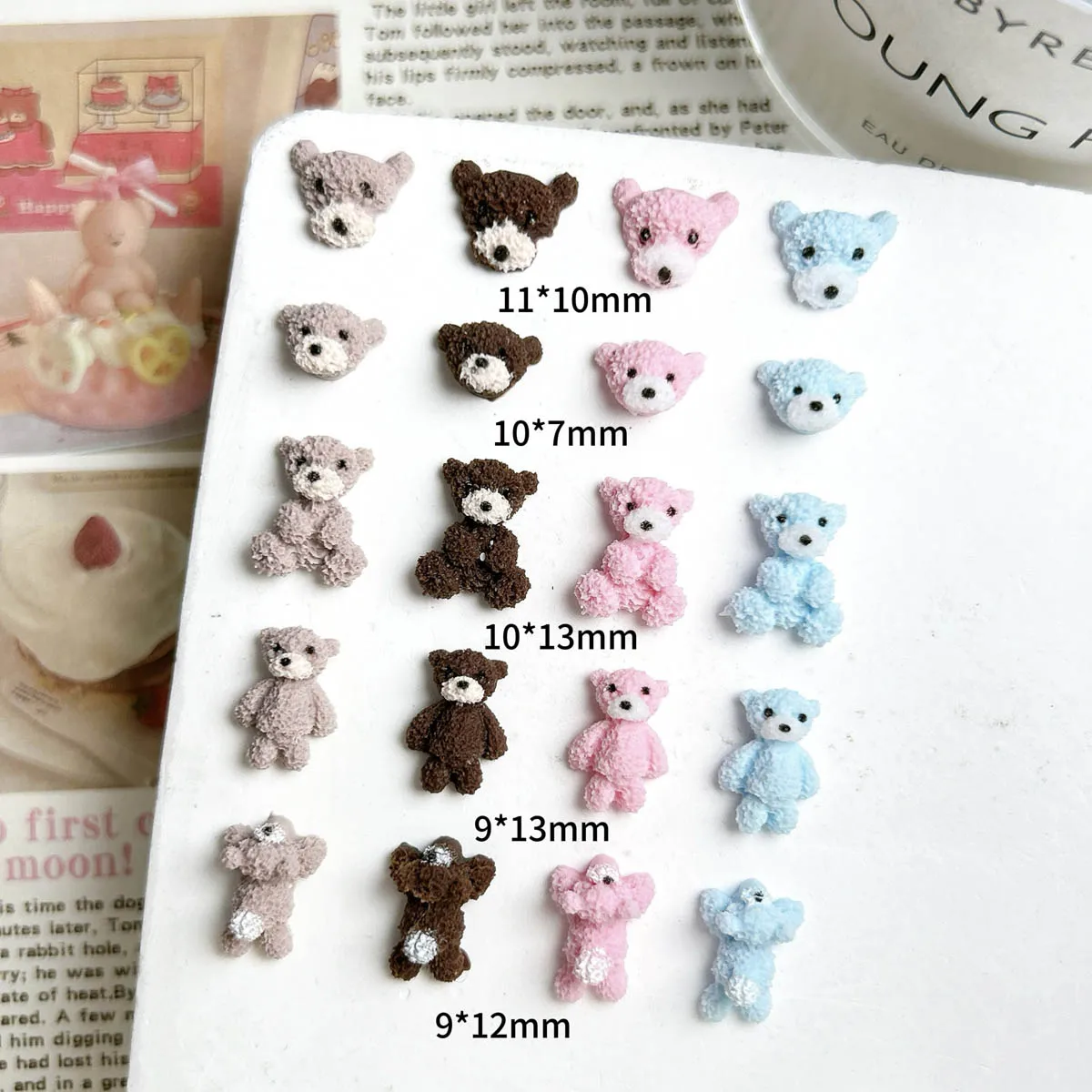 30PCS Creative Cute Resin Bear Series Nail Charms 3D Cartoon Four Colors Matte Bear Head Nail Art Decorations DIY Nails Crafts