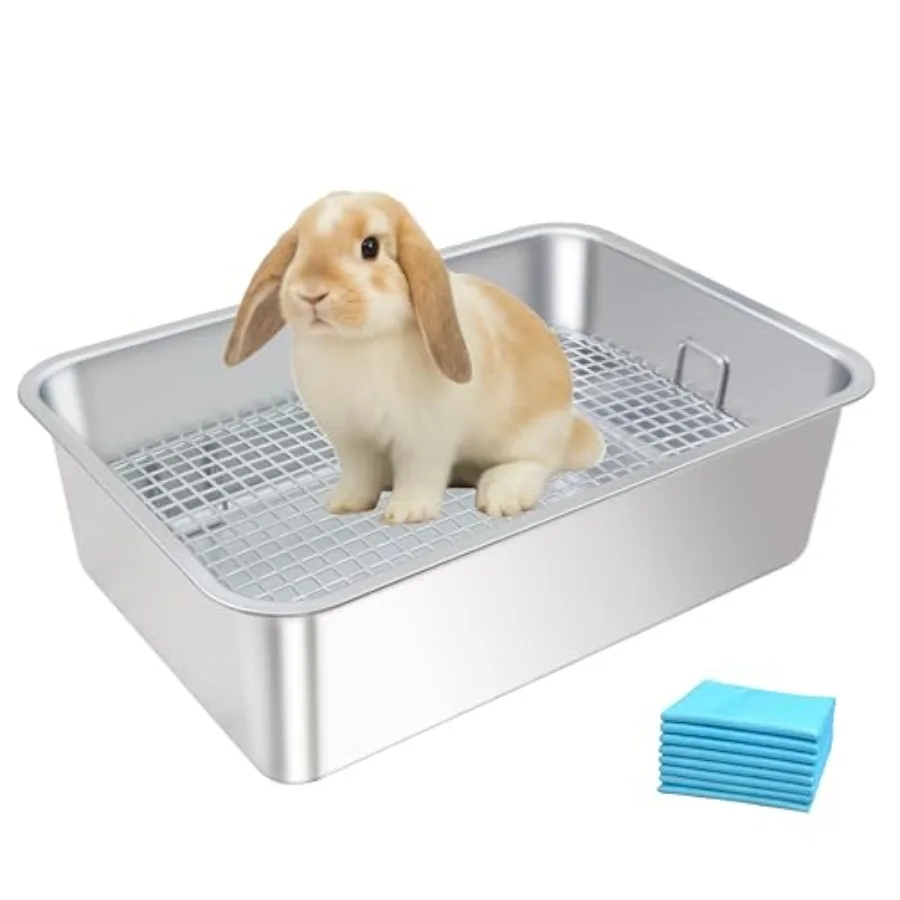 

Stainless Steel Rabbit Litter BoxBunny Litter Pan with Widened Grid Toilet Tray High Back Wall Deep Waste Storage