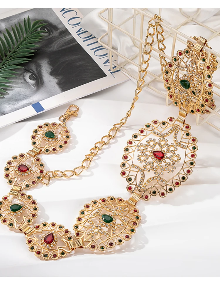 Shiny Gold Plated Metal Wedding Belt with Embedded Red And Green Diamonds Hollow out Design Moroccan Robe Waistband