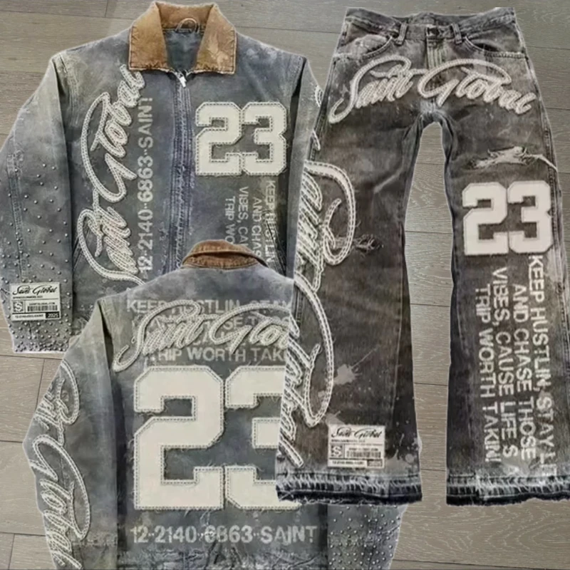 

Новинка 2025, американская ретро-хип-хоп уличная куртка на молнии, джинсовый комплект из двух предметов, костюм Y2K, синяя куртка с вышивкой в стиле пэчворк и буквами