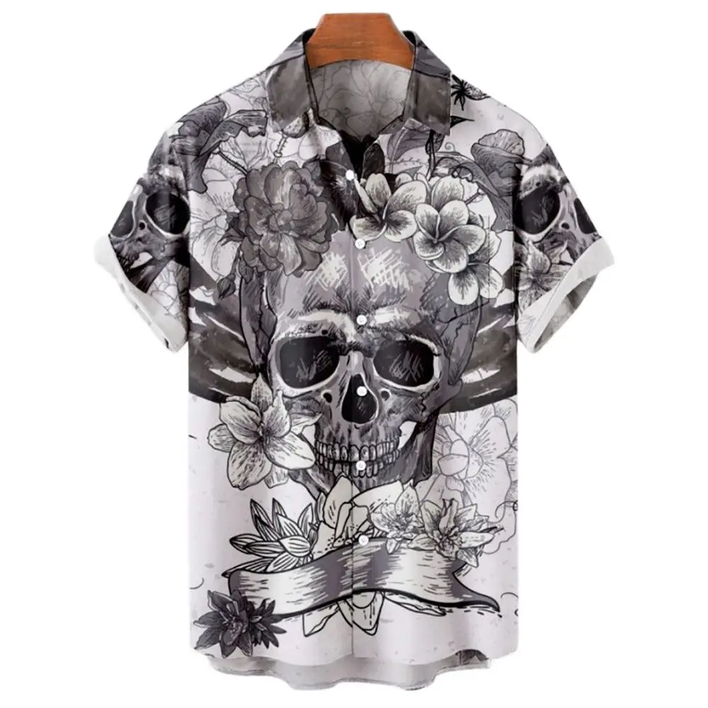 Hawaiian Summer Horror Skull Shirts For Men Vintage Casual 3d Print Rocker Gothic Rockabilly Short Sleeve Top Imported Clothing