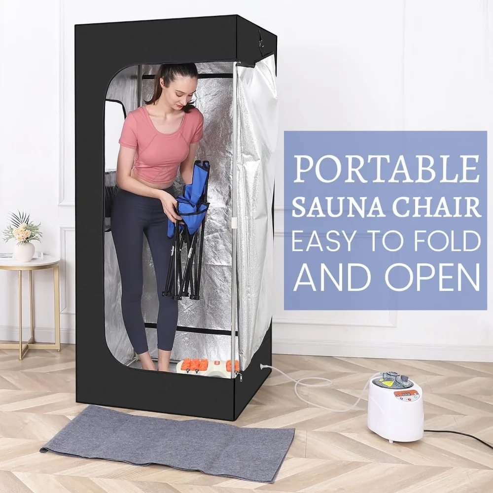 Full Body Personal Home Sauna Box, Portable Steam Saunas Tent, 1100 W & 3 L Sauna Steamer, Remote Control, Foldable Chair(Black)