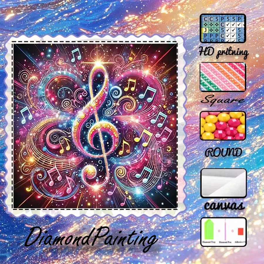 1 pièce - 5D-DIY - Tissu floqué - Perceuse spéciale - Kit de peinture diamant - Note de musique, brillance - Mosaïque - Art diamant