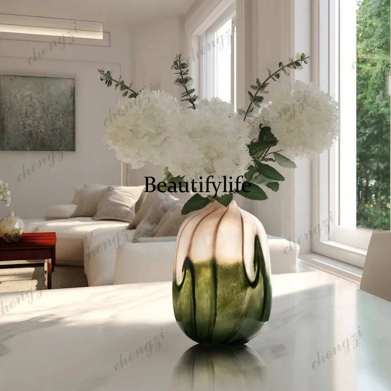 Gradual change glass vase green brown two-color flower ware modern glass vase living room coffee table decoration