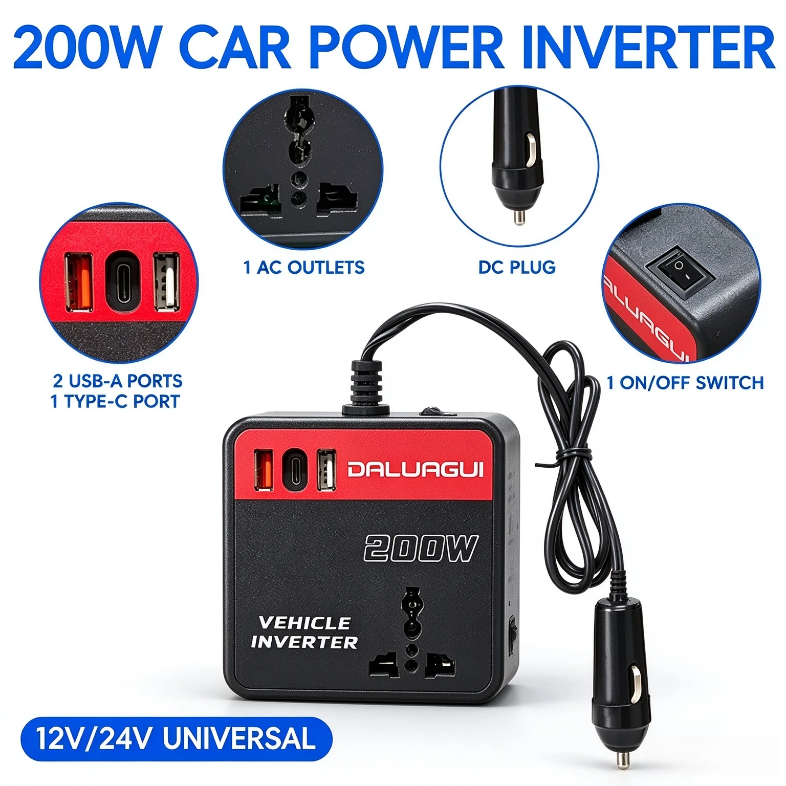Car Power Inverter DC 12V To 110V 200W LED Digital Display 2 USB 1 Type-C 2 AC Sockets Portable Mobile Phone Tablet Notebook Charger Compatible With Car SUV Truck Travel Essential Outdoor, Car Accessories, Car Power Inverter, Power Inverter