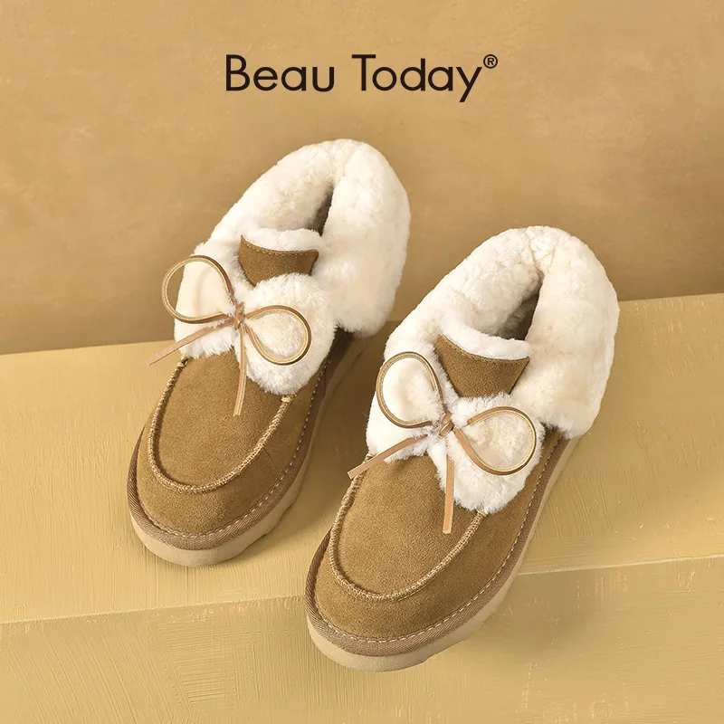 BeauToday Winter Fur Shoes Women Cow Suede Leather Flats Round Toe Slip-On Warm Wool Bowknot Decoration Ladies Loafers 27841