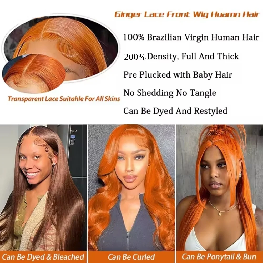 Gengibre laranja 13x4 perucas frontais do laço cabelo humano 200% densidade peruca onda do corpo 350 cor perucas de cabelo humano pré arrancadas 100% cabelo humano