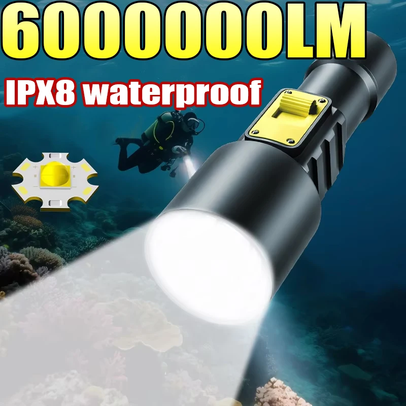 

6000000LM Diving flashlight charging strong LED lights focus flashlight IPX8 waterproof submersible lighting Fishing Camping