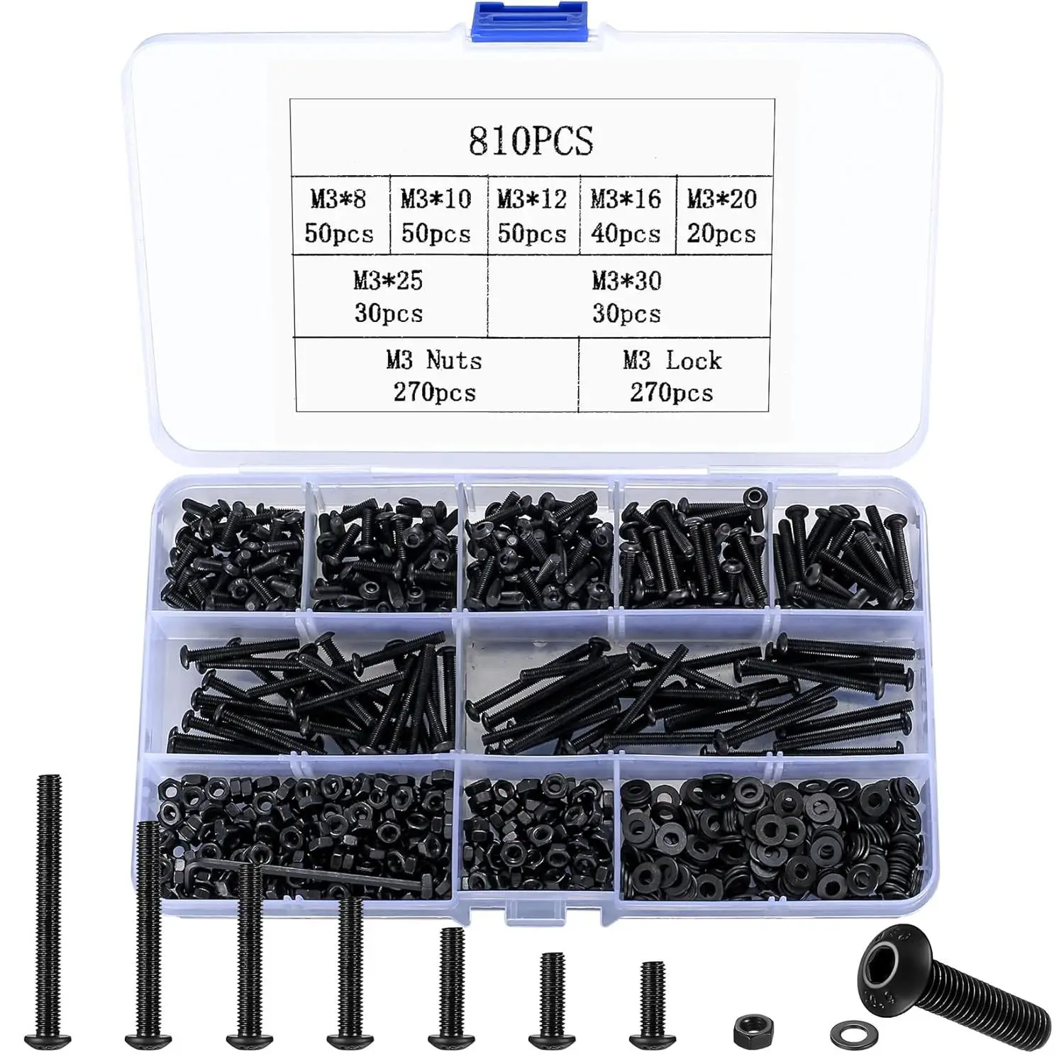 810PCS M3 Screw Assortment Kit Hex Socket Screw Nut Set Lens Hex Screw Nuts Washers Cross Border