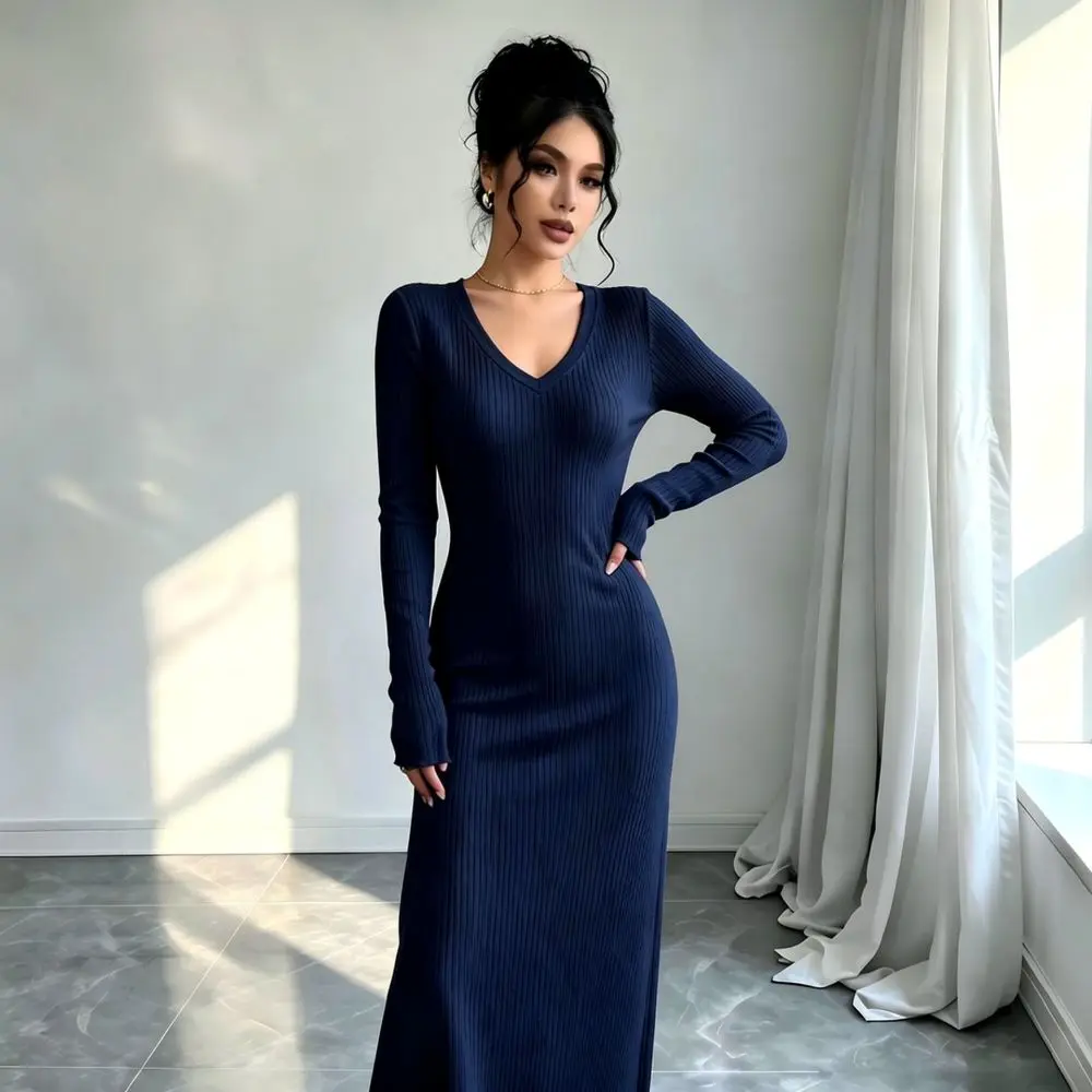 Casual Slim Fit Knitted Long Dress V Neck Bodycon Sweater Dress Autumn Winter Elegant High Waist Elastic Ladies Long Sleeve
