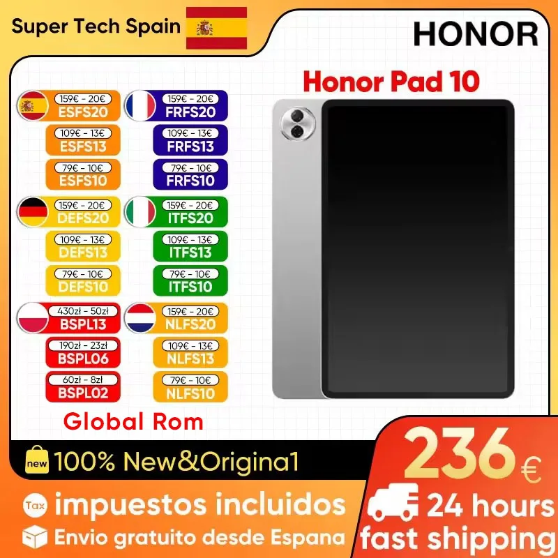 100% originale Honor Pad 10 Tablet 12.1 pollici 120Hz 2.5K Display Qualcomm Snapdragon 7 Gen 3 10100Mah Batteria 8Mp Fotocamera Wifi 6 Bluetooth 5.3