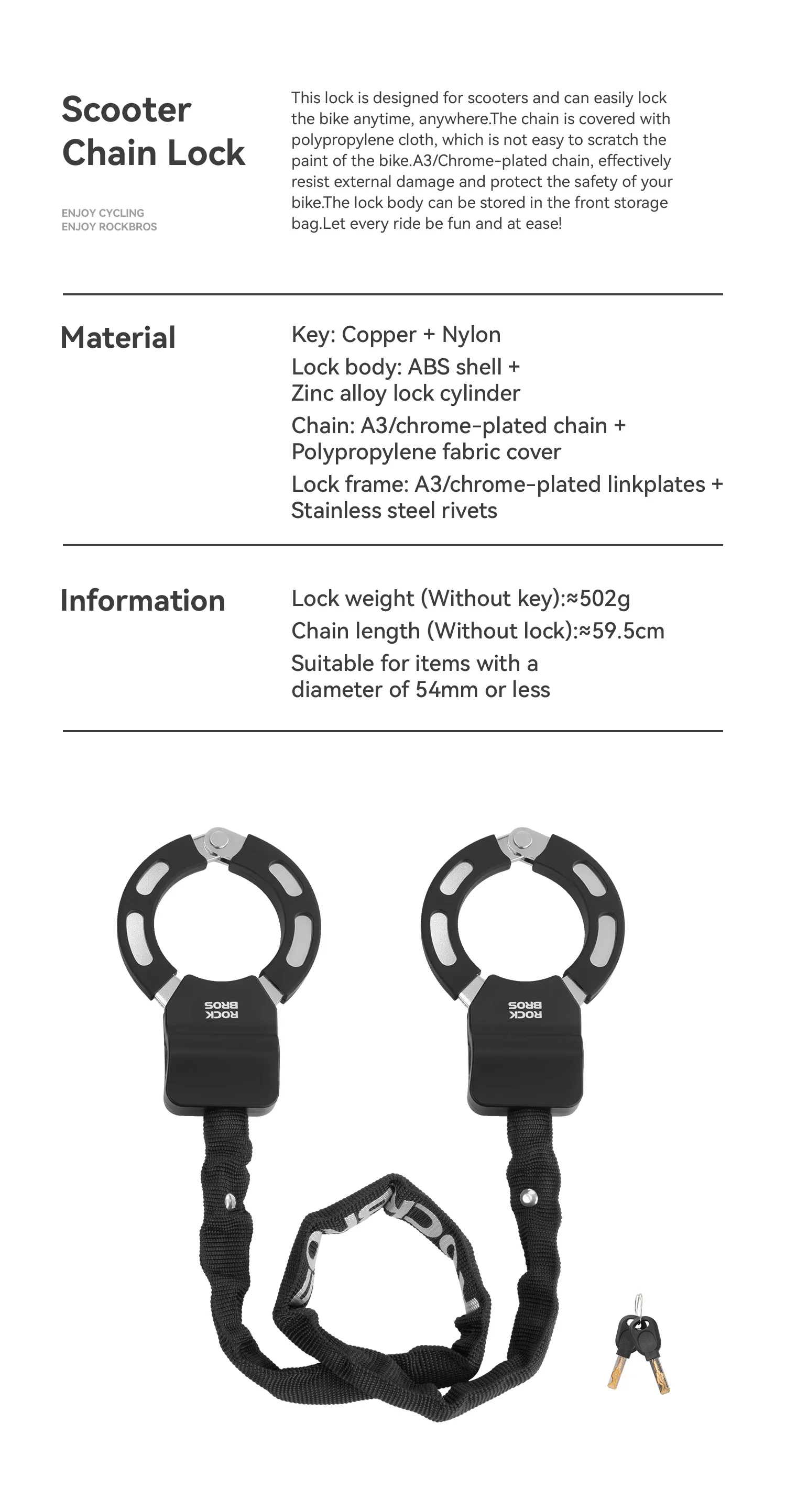 ROCKBROS Lokaler Versand Fahrradschloss Diebstahlschutz Roller Motorräder Schloss Zinklegierung Schließzylinder Kettenschloss Fahrradschlösser Sicheres Zubehör – Detail 2
