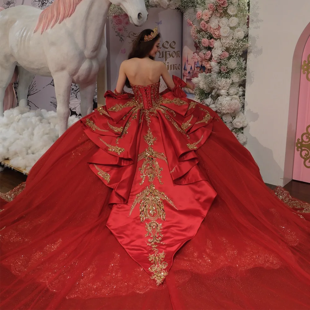 

Customized Red Shiny Ball Gown Quinceanera Dresses Lace Appliqued Pageant Party Dress vestidos de quinceañeras 3D Flowers