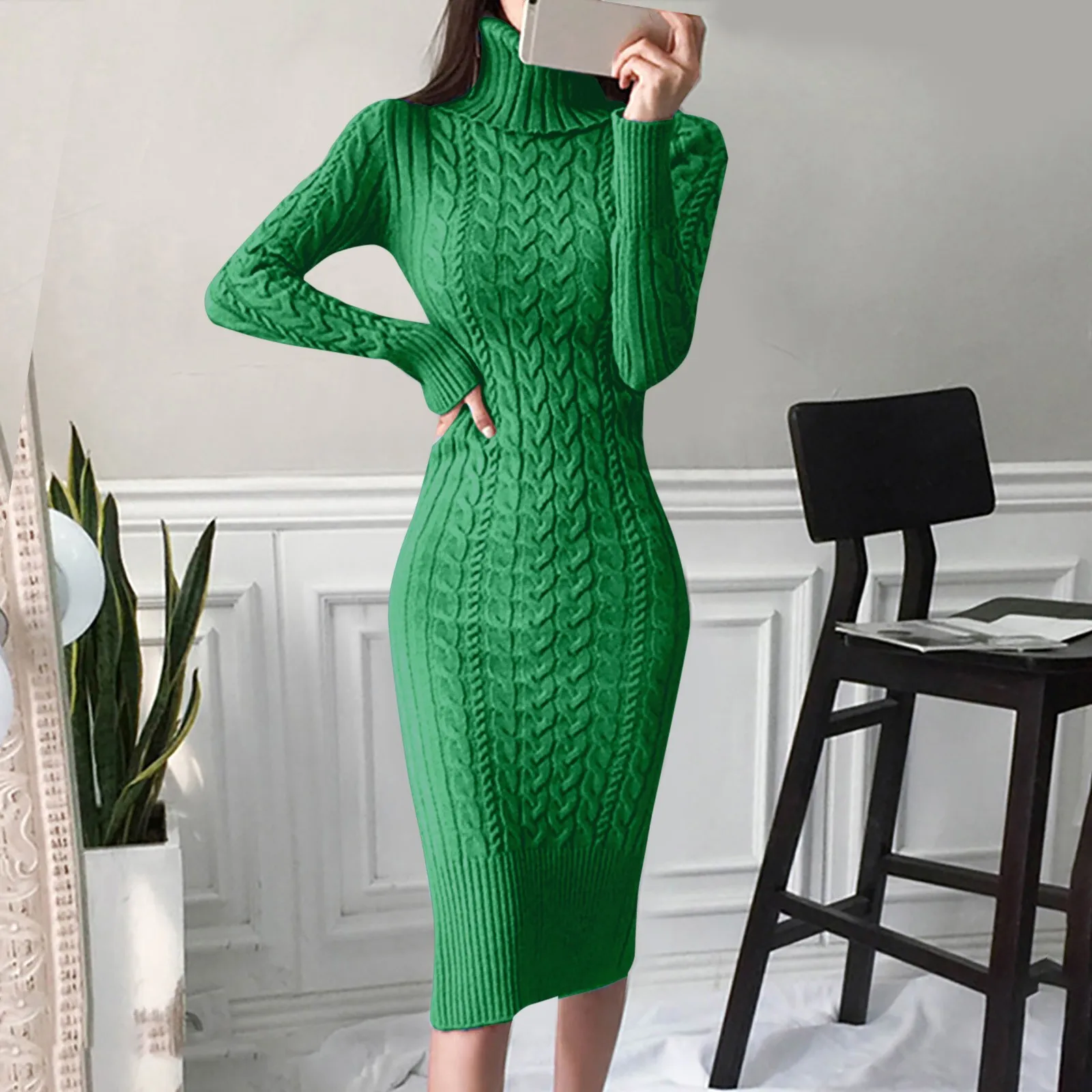 Womens Elegant Gentle Long Sleeve Turtleneck Sweater Dresses 2024 Autumn Winter New Knitted Bodycon Midi Sheath Jumper Dresses