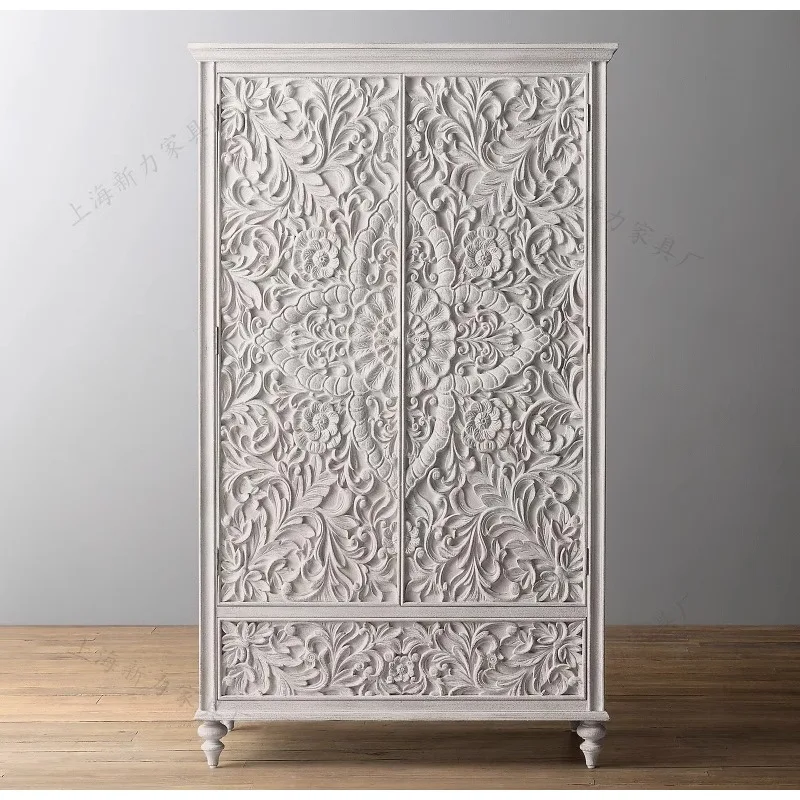 

French white retro old Thai solid wood carving flower double door wardrobe South East Asia style begonia flower wardrobe customi