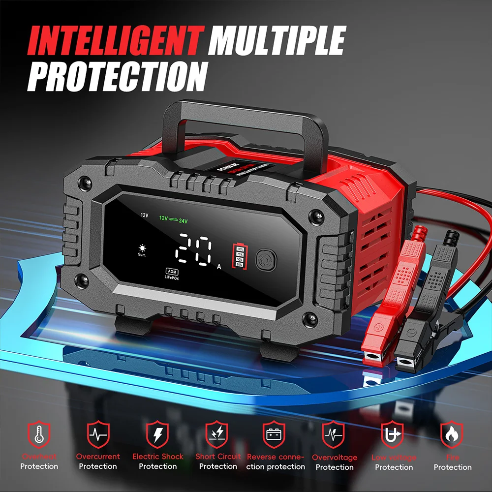 FOXSUR 20A/10A Car Motorcycle Battery Charger 12V/24V Smart Charger Lithium AGM GEL Lead-Acid LiFePO4 Battery Chargers1 Set