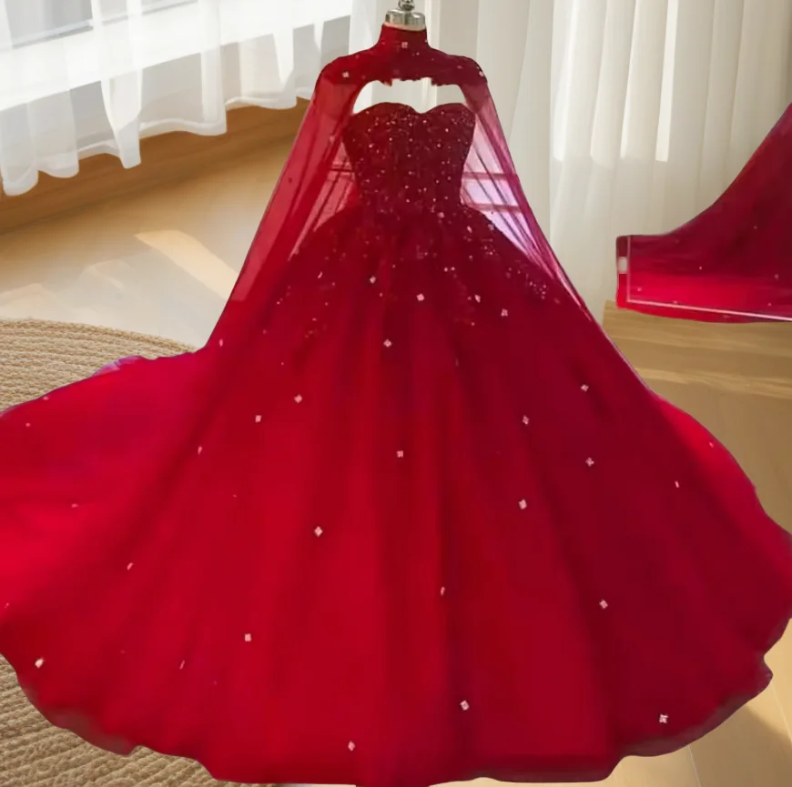 

Customized Ball Gown Princess Evening Night Dresses Cape Sweetheart Beaded Lace Tulle Prom Formal Party Gowns Wedding Quinceane