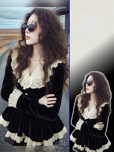 

plus Size Bla Lace Trim irt Women's Hepburn Sle Faionable Versatile Slimming Top French Sle Waist Cinched Splice