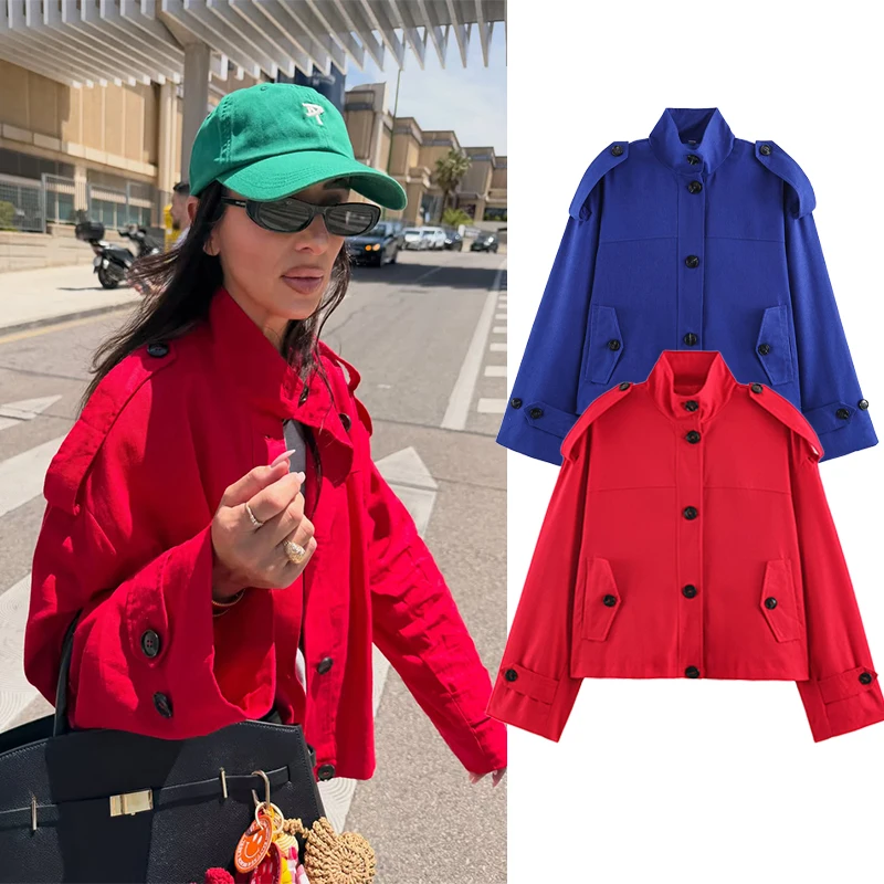 Women Stand Collar Cropped Trench Jacket Single Breasted Button Down Short Windbreaker Epaulet Design Casual Outerwear With Pock