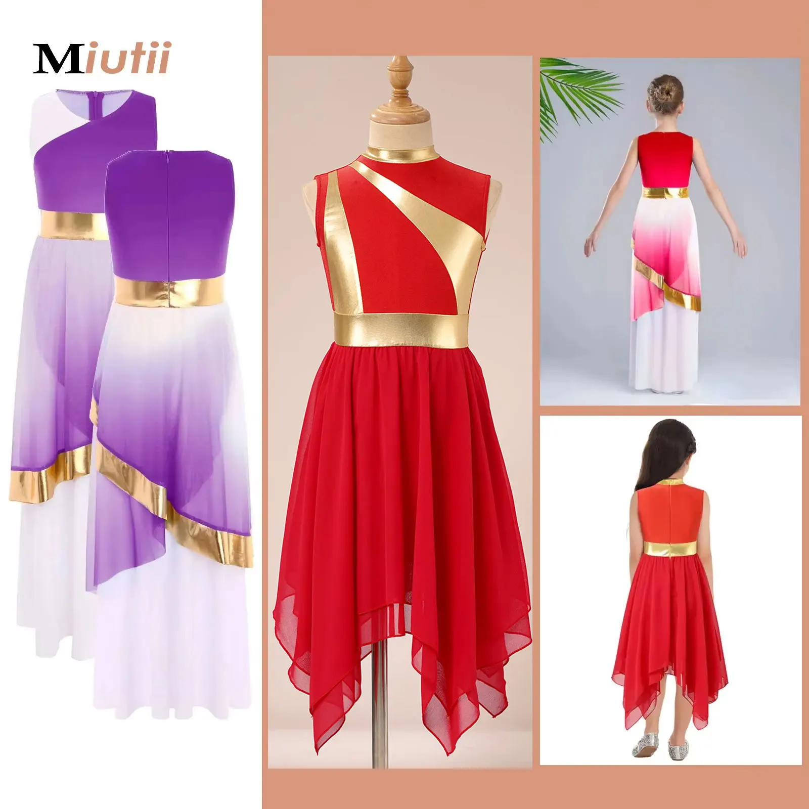 

Kids Girls Praise Long Dress Gradient Color Sleeveless Liturgical Dance Costume Lyrical Church Christian Worship Stage Dancewear